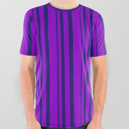 [ Thumbnail: Dark Violet & Midnight Blue Colored Stripes Pattern All Over Graphic Tee ]