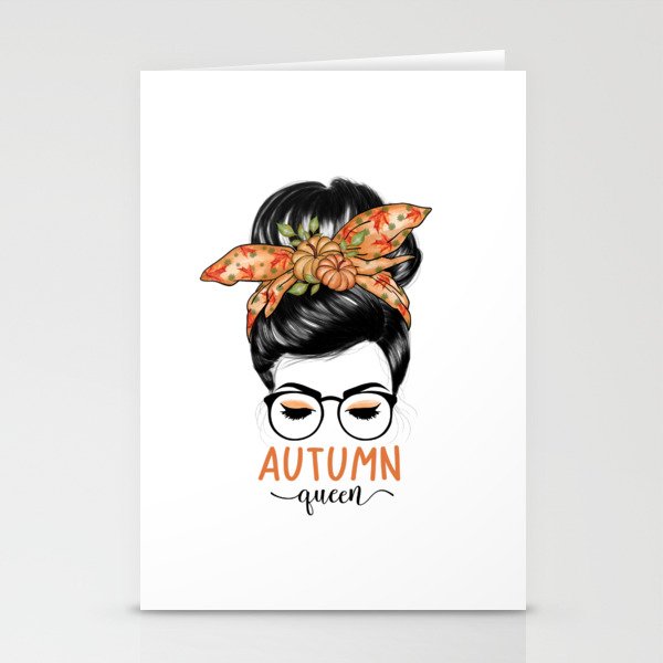 Autumn queen messy bun girl fall season Stationery Cards