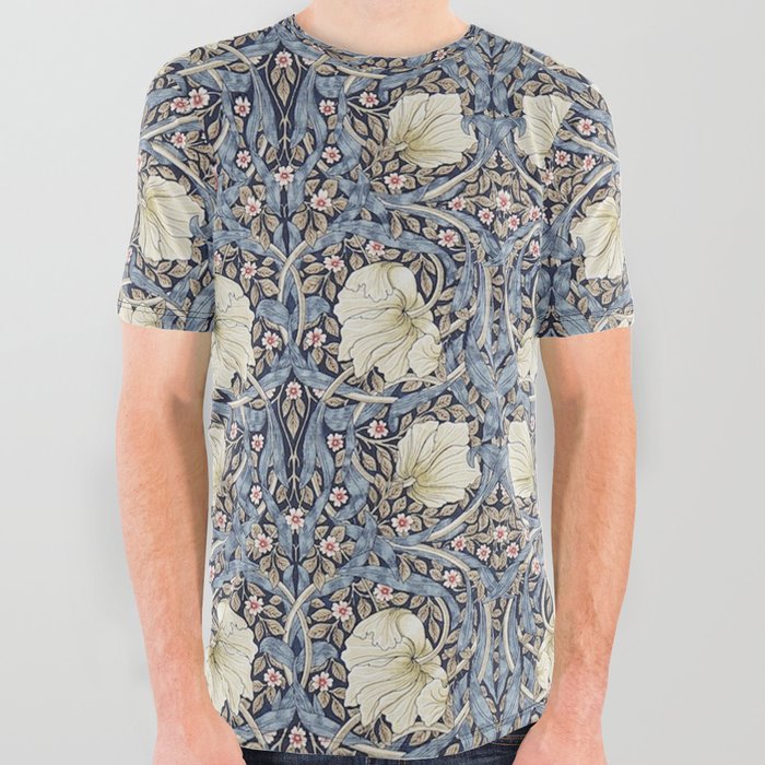 William Morris Vintage Pimpernel Dark Blue & Cream All Over Graphic Tee