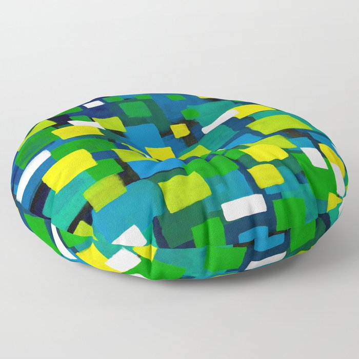 Original Abstract Acrylic Painting by  "City Lights" Colorful Geometric Square Pattern Gre Floor Pillow