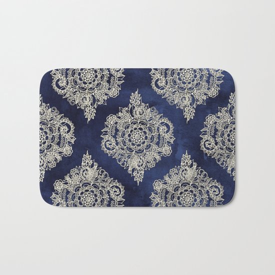 Cream Floral Moroccan Pattern on Deep Indigo Ink Bath Mat
