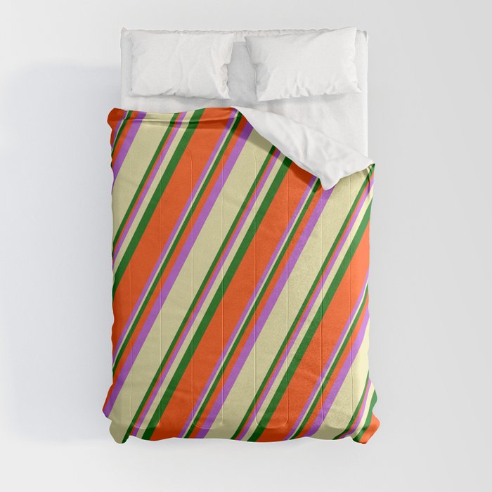 Orchid, Pale Goldenrod, Dark Green, and Red Colored Striped/Lined Pattern Comforter