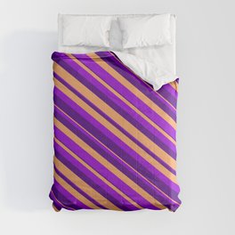 [ Thumbnail: Dark Violet, Indigo & Brown Colored Striped Pattern Comforter ]