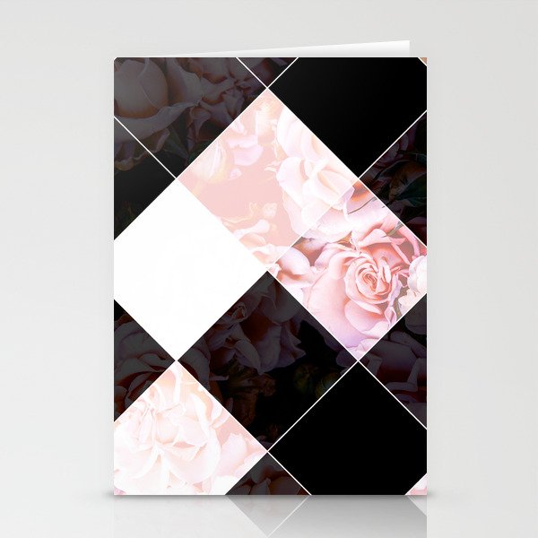 Botanical Pink Black Gray Geometrical Argyle Diamond Roses Pattern Stationery Cards