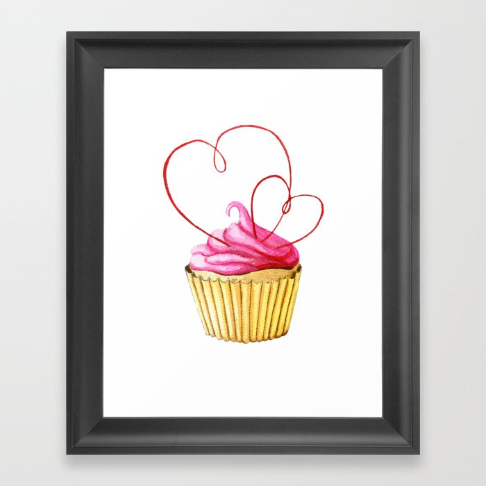 Watercolor cupcake with pink hearts Framed Art Print