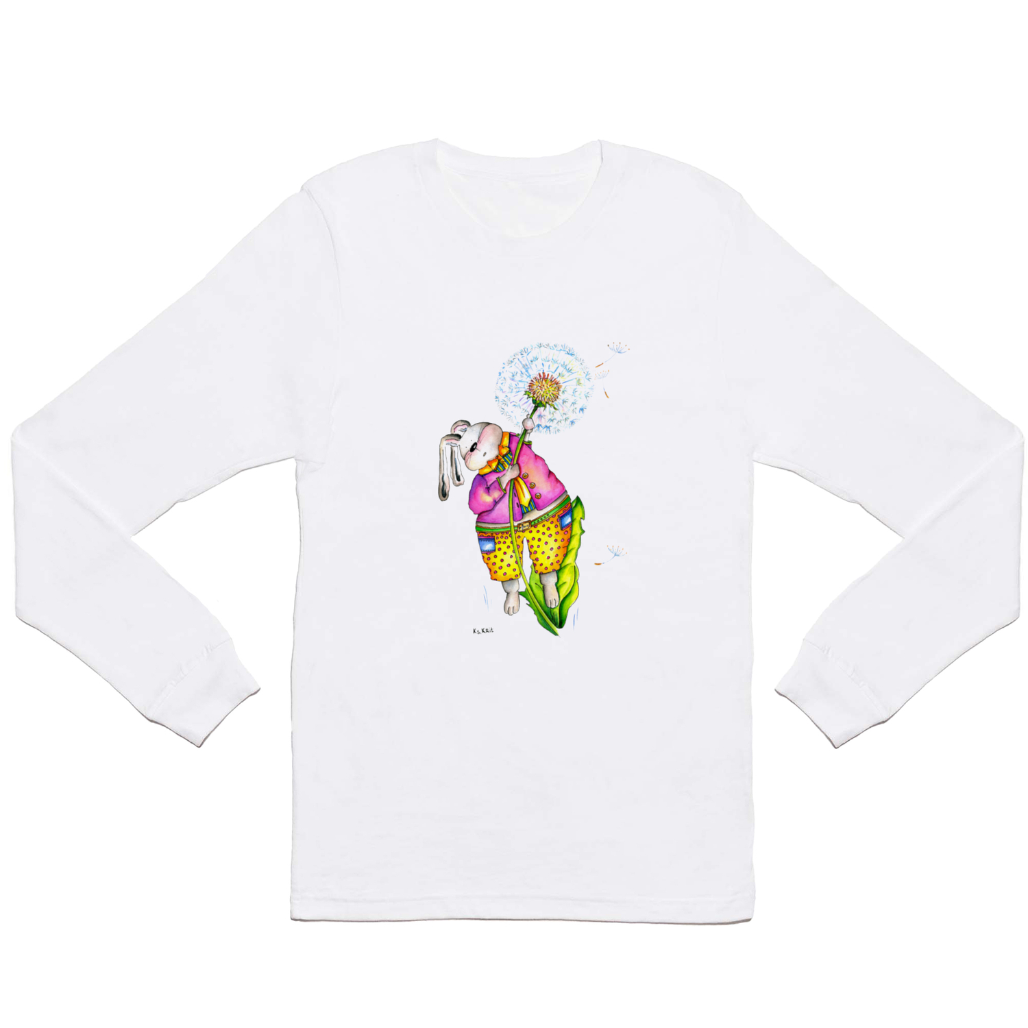 Funny rabbit with dandelion. Flying rabbit Long Sleeve T Shirt by  Kseniya_Krit | Society6