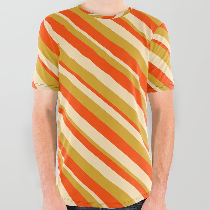 Red, Beige, and Goldenrod Colored Lined Pattern All Over Graphic Tee