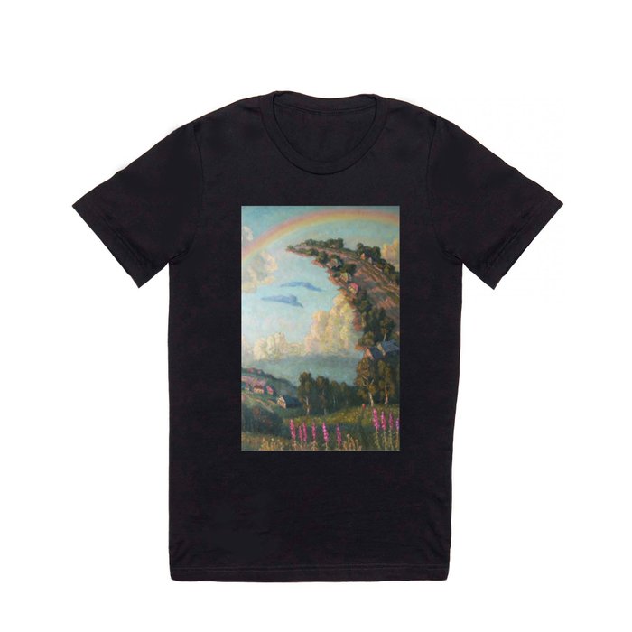 Lift Up Every Voice, magical realism lavender fields, houses, and rainbow landscape painting by I. Orlov T Shirt
