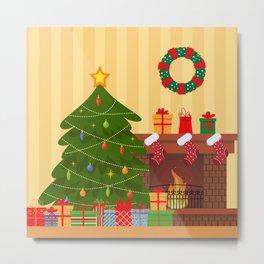 Cozy Living Interior Christmas with Red Sofa, Gifts, and Tree. Vector Flat Style Illustration. Metal Print
