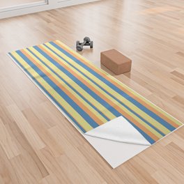[ Thumbnail: Brown, Blue, and Tan Colored Striped/Lined Pattern Yoga Towel ]