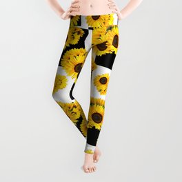 Large Check Yellow Sunflower Floral with Black and White Checkered Summer Print Leggings
