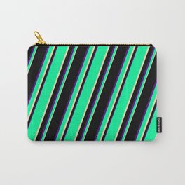 [ Thumbnail: Green, Tan, Black, and Indigo Colored Lines/Stripes Pattern Carry-All Pouch ]