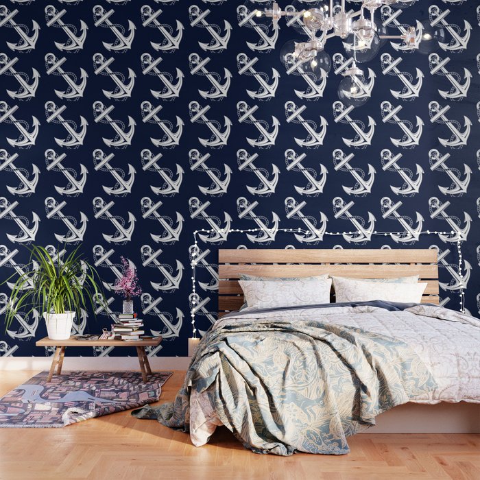 Anchor Navy & White Nautical Wallpaper by christineiris Society6