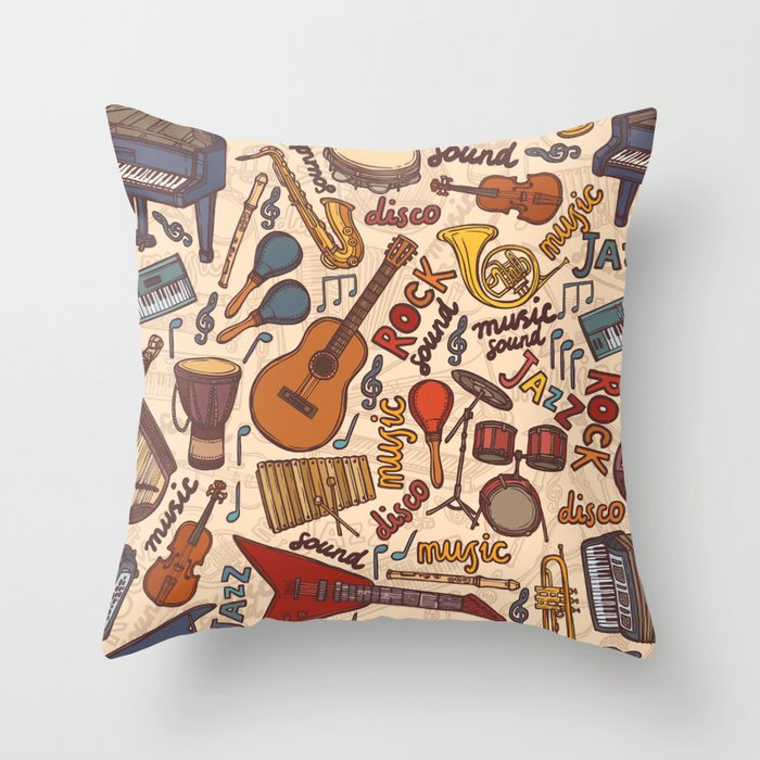 Musical instruments sketch colored seamless pattern Throw Pillow