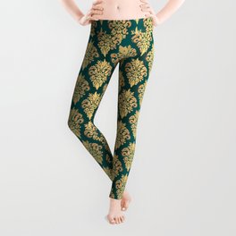 Green and Gold Classic Damask Pattern Leggings