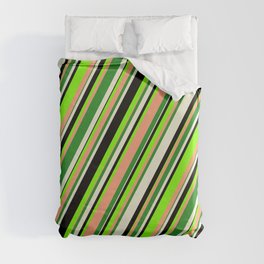 [ Thumbnail: Eyecatching Chartreuse, Light Salmon, Forest Green, Beige & Black Colored Striped/Lined Pattern Duvet Cover ]
