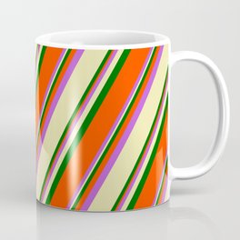 [ Thumbnail: Orchid, Pale Goldenrod, Dark Green, and Red Colored Striped/Lined Pattern Coffee Mug ]