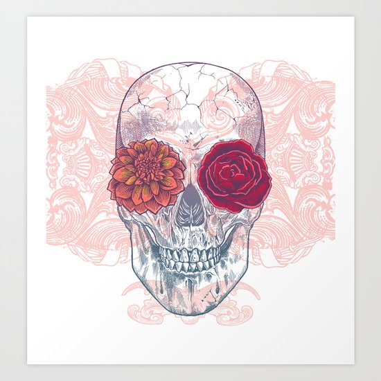 Double Flowers Skull Art Print
