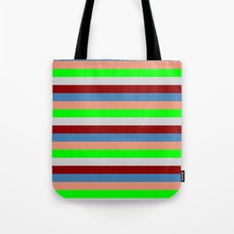 [ Thumbnail: Eye-catching Dark Salmon, Lime, Light Gray, Dark Red, and Blue Colored Lined Pattern Tote Bag ]