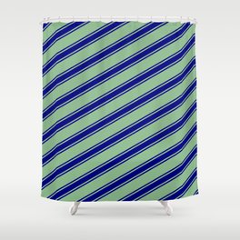[ Thumbnail: Dark Sea Green and Blue Colored Lined/Striped Pattern Shower Curtain ]