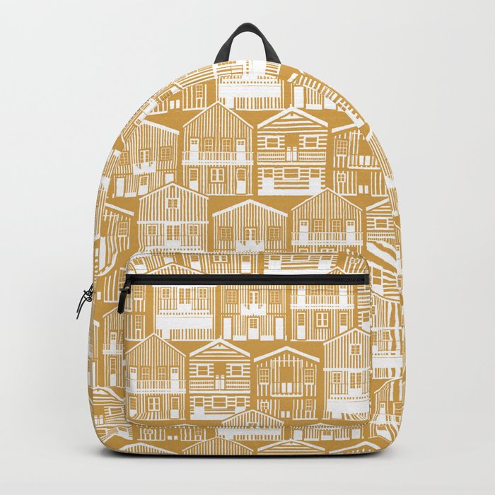 Monochromatic Portuguese houses // rob roy yellow background white striped Costa Nova inspired houses Backpack