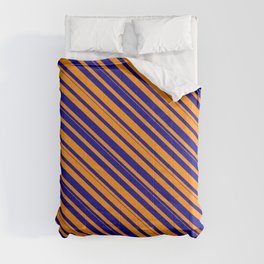 [ Thumbnail: Dark Orange and Dark Blue Colored Lined/Striped Pattern Comforter ]