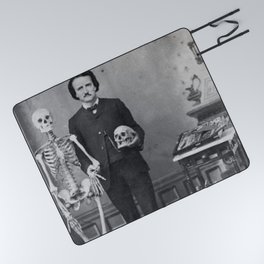 Edgar Allan Poe with Skull and Skeleton macabre black and white photograph Picnic Blanket