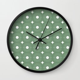 Retro Pattern, Suns and Diamonds, Green and White Wall Clock