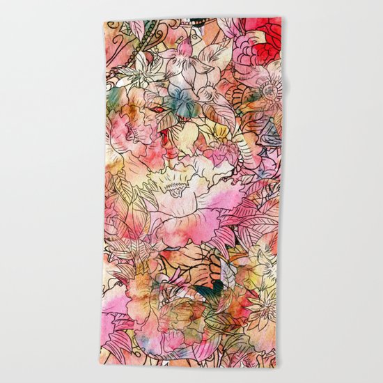Summer Flowers | Colorful Watercolor Floral Pattern Abstract Sketch Beach Towel