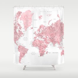 Light pink, muted pink and dusty pink watercolor world map with cities Shower Curtain