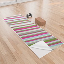 [ Thumbnail: Beige, Dark Gray, Green, Deep Pink, and Powder Blue Colored Stripes Pattern Yoga Towel ]