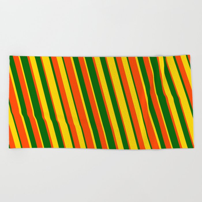 Dark Green, Yellow, and Red Colored Stripes Pattern Beach Towel