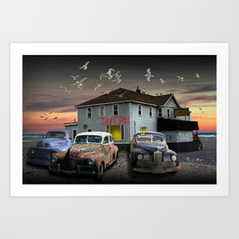 Evening at the Neighborhood Tavern on the Shore with Flying Gulls Art Print