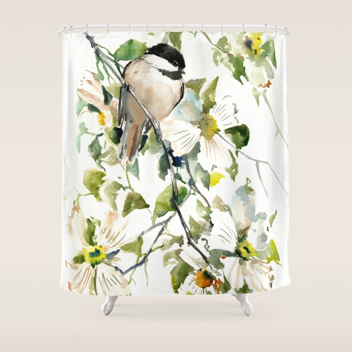 chickadee and dogwood, chickadee art design floral Shower Curtain by