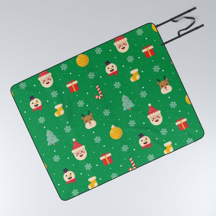 Christmas Characters Seamless Pattern on Green Background Picnic Blanket