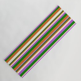 [ Thumbnail: Chocolate, Beige, Orchid & Green Colored Striped/Lined Pattern Yoga Mat ]