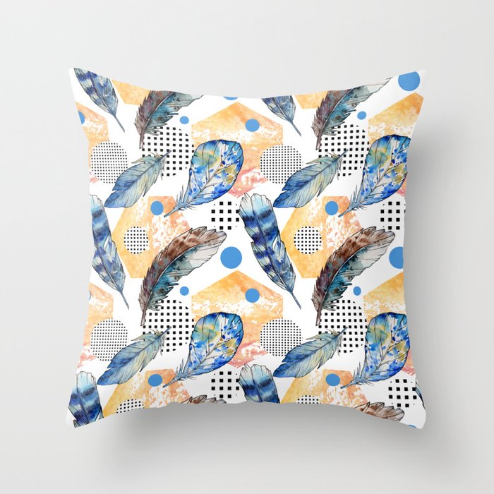 Geometrical blue yellow watercolor bohemian feathers Throw Pillow