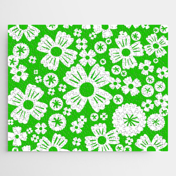 Kelly Green and White Spring Daisy Flowers Jigsaw Puzzle