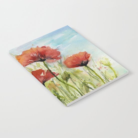 Red Flowers Watercolor Landscape Poppies Poppy Field Notebook