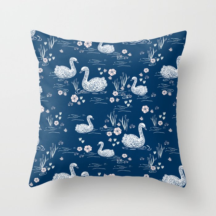Swans painting cute girly trend cell phone case with swans pattern florals hand painted blue Throw Pillow