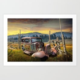 Abandoned Auto with Wood Fence in Western Landscape Art Print