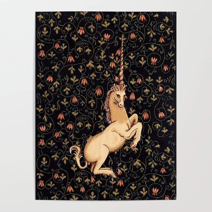 Medieval Unicorn Floral Tapestry Poster