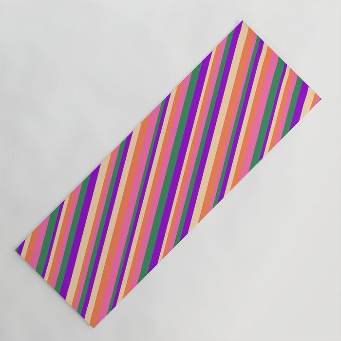Eyecatching Coral, Hot Pink, Sea Green, Dark Violet, and Tan Colored Pattern of Stripes Yoga Mat
