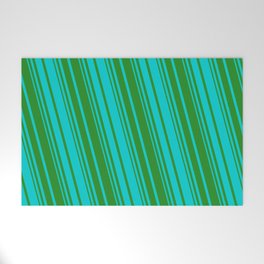 [ Thumbnail: Forest Green & Dark Turquoise Colored Striped Pattern Welcome Mat ]