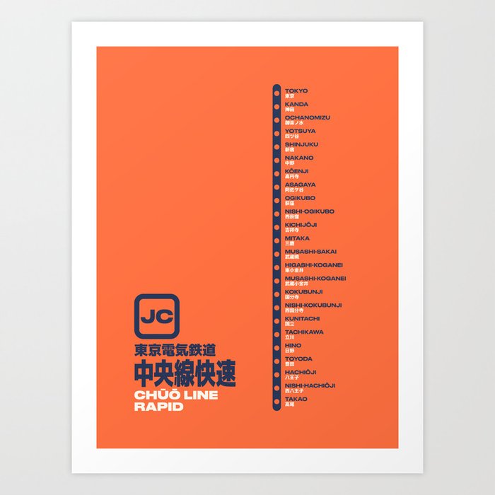 Chuo Line Tokyo Train Station List Map - Orange Art Print