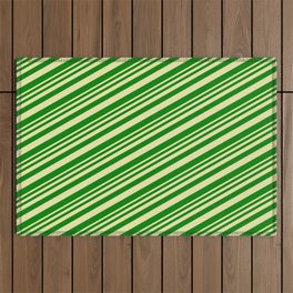 [ Thumbnail: Pale Goldenrod & Green Colored Stripes/Lines Pattern Outdoor Rug ]