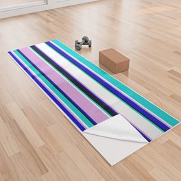 [ Thumbnail: Eye-catching Dark Turquoise, White, Plum, Blue & Black Colored Lined/Striped Pattern Yoga Towel ]