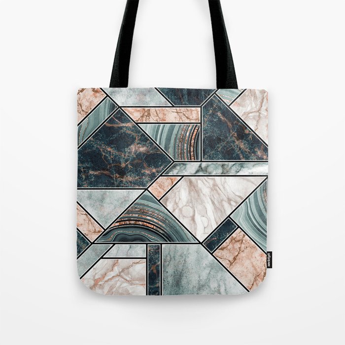 Art Deco Teal + Rose Gold Abstract Marble Geometry Tote Bag