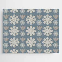 Scandi Floral Grid Retro Flower Pattern Neutral Blue Grey and Taupe Jigsaw Puzzle