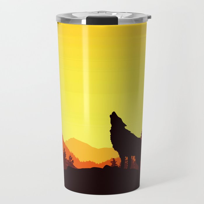 Vector Illustration Howling Wolf Standing On Travel Mug